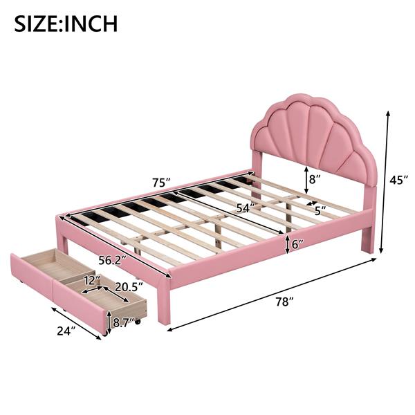 Full Size Upholstered Platform Bed with Seashell Shaped Headboard, LED and 2 Drawers, Pink