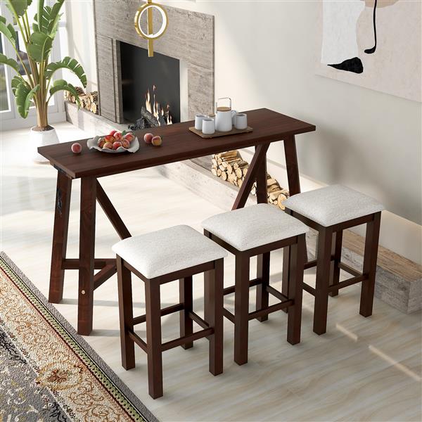 Multipurpose Home Kitchen Dining Bar Table Set with 3 Upholstered Stools(Dark Walnut)