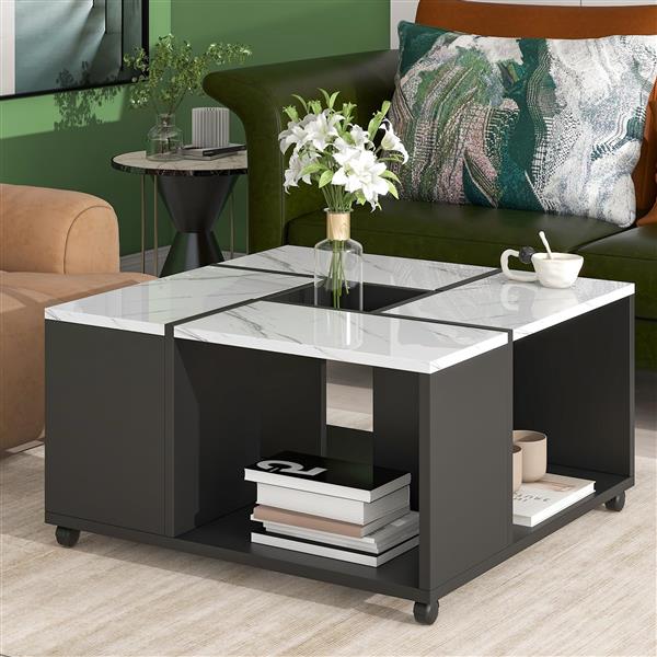 Modern 2-layer Coffee Table with Casters, Square Cocktail Table with Removable Tray, UV High-gloss Marble Design Center Table for Living Room, 31.4''x 31.4''