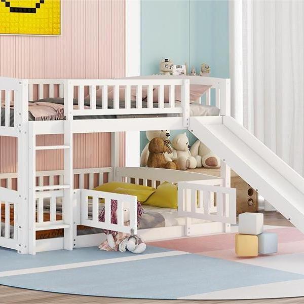 Bunk Bed with Slide,Full Over Full Low Bunk Bed with Fence and Ladder for Toddler Kids Teens White