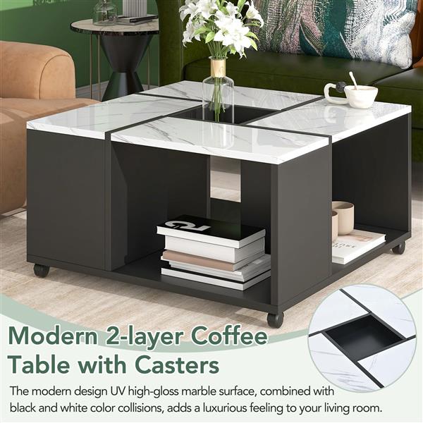 Modern 2-layer Coffee Table with Casters, Square Cocktail Table with Removable Tray, UV High-gloss Marble Design Center Table for Living Room, 31.4''x 31.4''