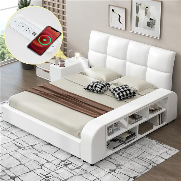 Queen Size Upholstered Platform Bed with Multimedia Nightstand and Storage Shelves, White