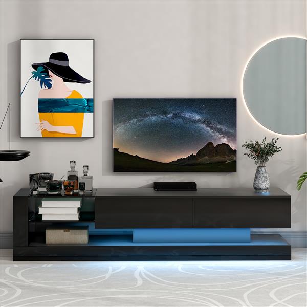 TV Stand with Two Media Storage Cabinets Modern High Gloss Entertainment Center for 75 Inch TV, 16-color RGB LED Color Changing Lights for Living Room, Black