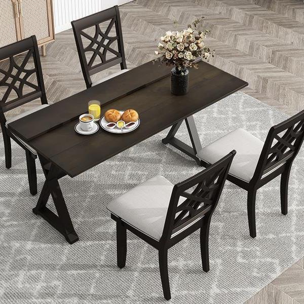 5-Piece 62*35.2inch Extendable Rubber Wood Dining Table Set with X-shape Legs,Console Table with Two 8.8Inch-Wide Flip Lids and Upholstered Dining Chairs ,Dark Walnut