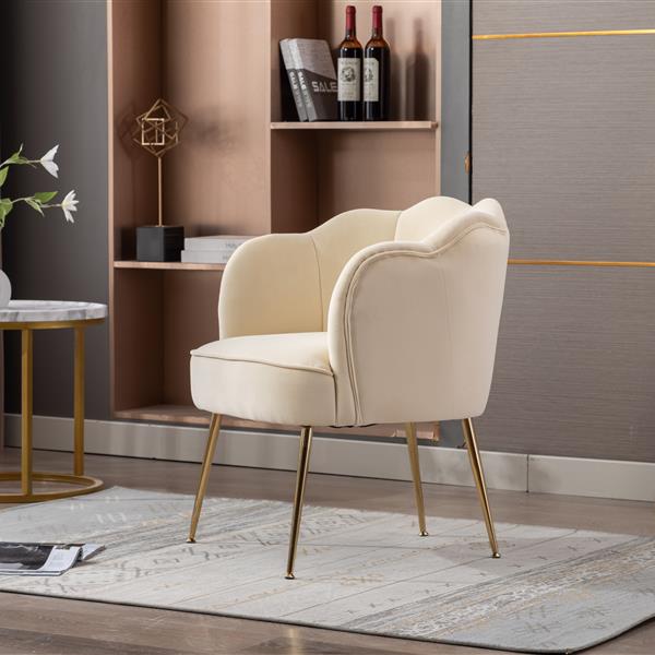 Shell Shape Velvet Fabric Armchair Chair With Gold Legs For Living Room Bedroom,Beige