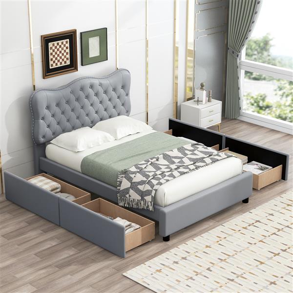 Full Size PU Leather Upholstered Platform Bed with 4 Drawers, Gray