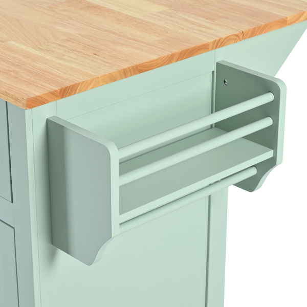 Kitchen Cart with Rubber wood Drop-Leaf Countertop ,Cabinet door internal storage racks,Kitchen Island on 5 Wheels with Storage Cabinet and 3 Drawers for Dinning Room, Mint Green 