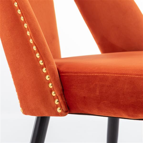 Furniture, Collection Modern | Contemporary Velvet Upholstered Dining Chair with Nailheads and ld Tipped Black Metal Legs, Orange，Set of 2