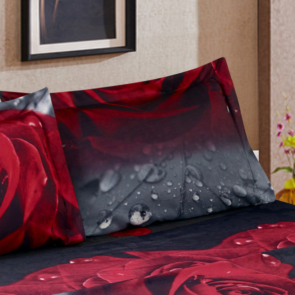 3D Sheet set 4 Pieces Rose Love Romantic Moment Print Sheet Set with Microfiber Fabric and Filling