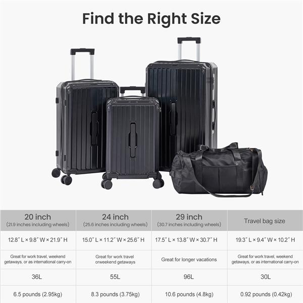 Luggage Set 4 pcs (20"/24"/29"/Travel Bag), PC+ABS Durable Lightweight Luggage with Collapsible Cup Holder, 360° Silent Spinner Wheels, TSA Lock, Black