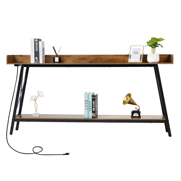 70.9 inch Extra Long Console Table with 2 Power Outlets & USB Ports, Rustic Industrial Sofa Table Behind Couch for Living Room, Narrow Entryway Hallway Long Bar Table, Brown