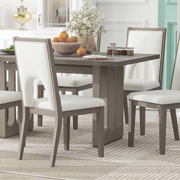 Wood Dining Table Set for 6, Farmhouse Rectangular Dining Table and 6 Upholstered Chairs Ideal for Dining Room, Kitchen (Grey+Beige)