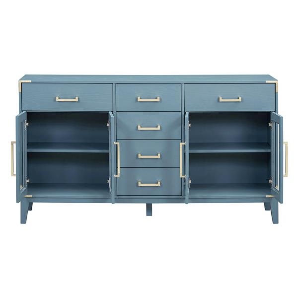 6-drawer and 2-Cabinet Retro Sideboard with Extra Large Storage Space, with ld Handles and Solid Wood Legs, for Kitchen and Living Room (Antique Blue)