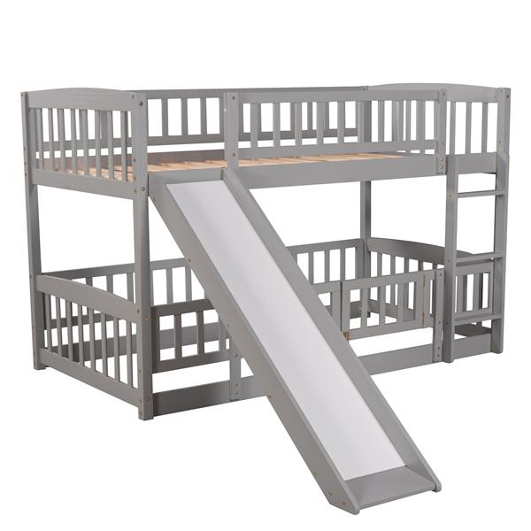 Bunk Bed with Slide,Twin Over Twin Low Bunk Bed with Fence and Ladder for Toddler Kids Teens Grey