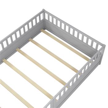 Full size  Floor bed, integral construction with super high security barrier, door, children\\'s floor bed frame, Montessori wooden children\\'s floor bed, Support slat Grey