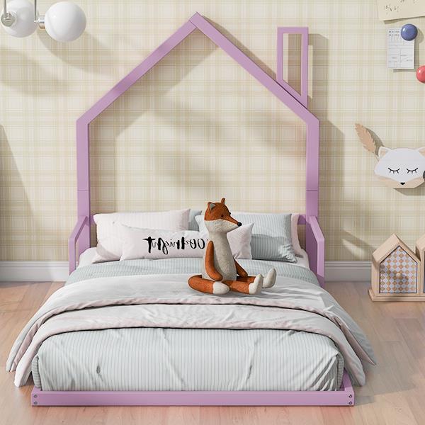 Twin Size Metal Floor Bed with House-shaped Headboard, Pink