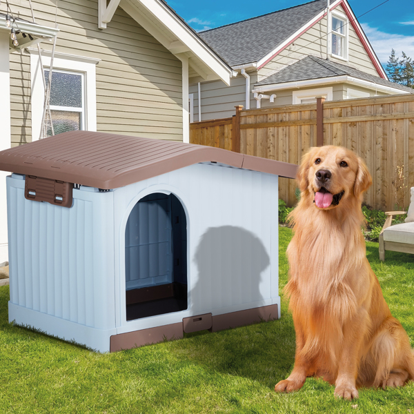 34 inch Large Plastic Dog House with Liftable Roof, Indoor Outdoor Doghouse Puppy Shelter with Detachable Base and Adjustable Bar Window, Brown & White