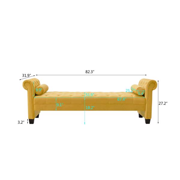 Yellow, Solid Wood Legs Velvet Rectangular Sofa Bench with Attached Cylindrical Pillows 