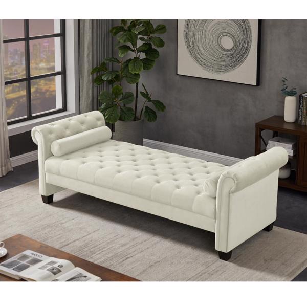 Ivory, Solid Wood Legs Velvet Rectangular Sofa Bench with Attached Cylindrical Pillows