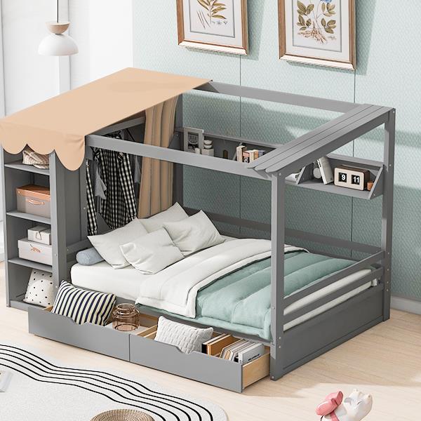 Full size House Bed with Two Drawers and Wardrobe,Gray