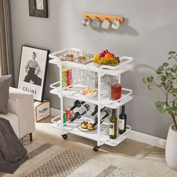 Painted Three-layer Bar Cart, With Wine Rack And Glass Holder, Suitable for Families And Small Gatherings, White