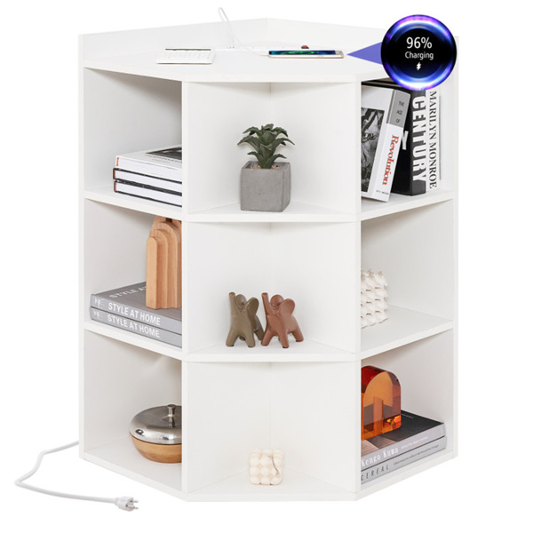 White  three-layer corner cabinet with charging station