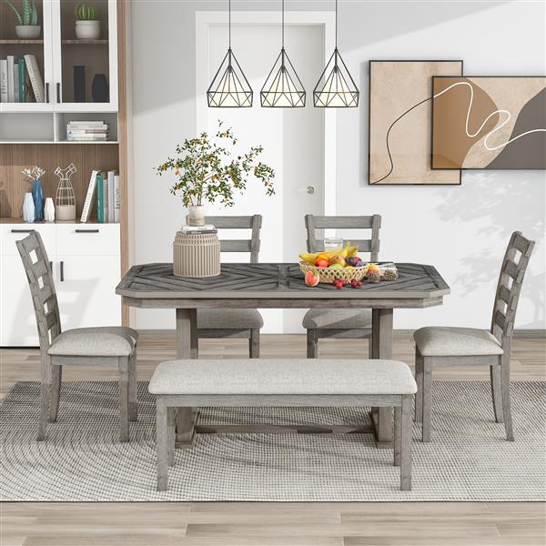 6-Piece Rubber Wood Dining Table Set with Beautiful Wood Grain Pattern Tabletop Solid Wood Veneer and Soft Cushion (Gray)