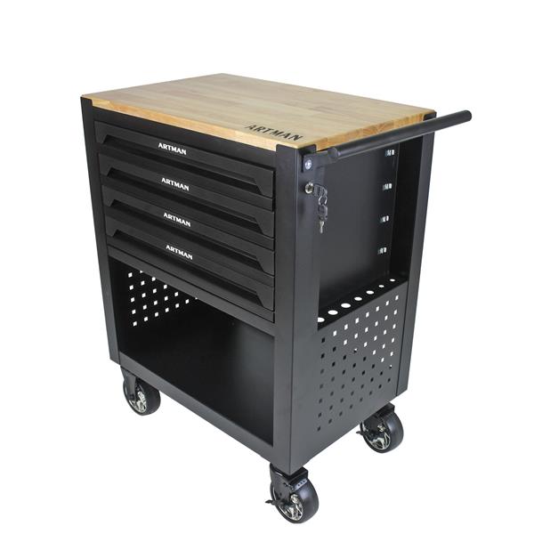 4 DRAWERS MULTIFUNCTIONAL TOOL CART WITH WHEELS AND WOODEN TOP-BLACK