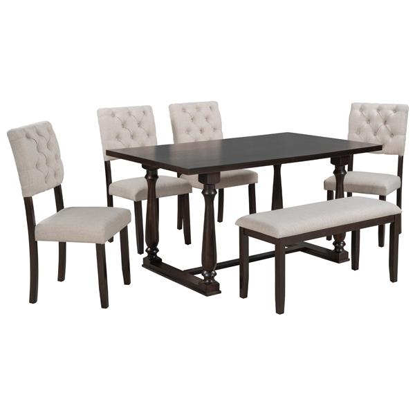 6-Piece Dining Table and Chair Set with Special-shaped Legs and Foam-covered Seat Backs&Cushions for Dining Room (Espresso)