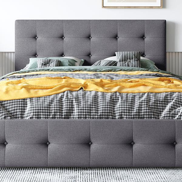 Upholstered Platform Bed with Classic Headboard and 4 Drawers, No Box Spring Needed, Linen Fabric, Queen Size Dark gray