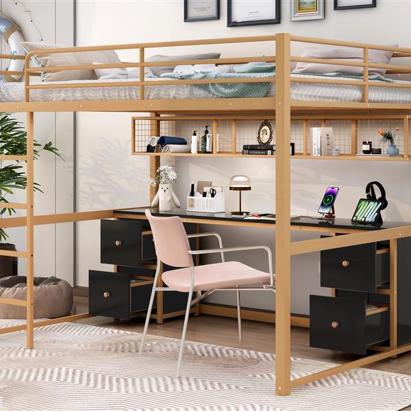 Full Size Metal Loft Bed with Desk, Drawers and Bedside Tray, Charging Station, USB and socket