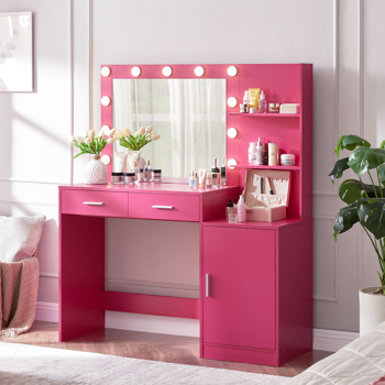 Vanity Desk with Mirror and Lights, 46.4IN Dressing Table with 2 Large Drawer&Large Vertical Organizer, 3 Level Dresser & 3 Lighting Modes Adjustable Brightness, Suitable for Bedroom(Rose Pink) 