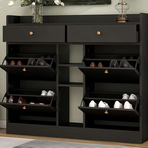 Modern Shoe Cabinet with 4 Flip Drawers, Multifunctional 2-Tier Shoe Storage Organizer with Drawers, Free Standing Shoe Rack for Entrance Hallway, Black.