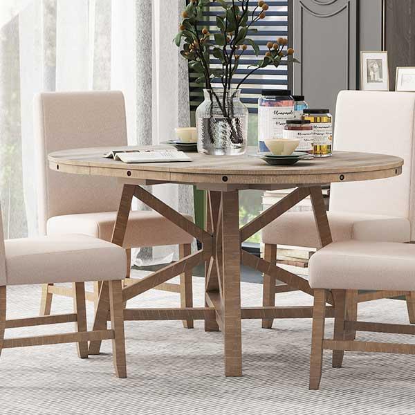 5-Piece Retro Functional Dining Set with Extendable Round Table with Removable Middle Leaf and 4 Upholstered Chairs for Dining Room and Living Room (Natural Wood Wash)