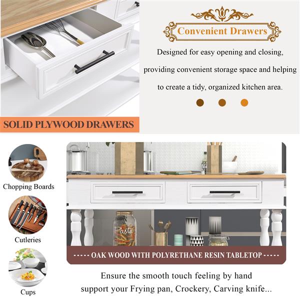 56 inch Rolling Kitchen Island with Storage,Kitchen Cart with Solid OAK Wood Top,Two-sided Kitchen island Cart on Wheels ,Wine and Spice Rack, Large Kitchen Cart with 2 Drawers, Milk White+Natural Top