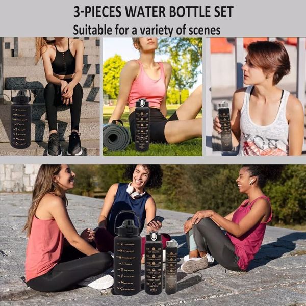 3pc Trinkflasche mit Strohhalm 2L 900ML 300ML Wasserflasche Fitness Sportflasche