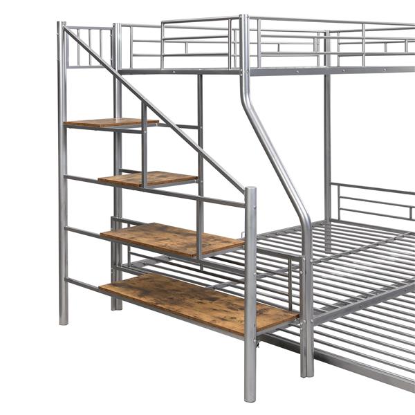 Twin over Full Size Metal Bunk Bed with Trundle and Storage Staircase, Silver