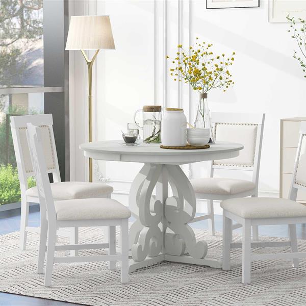 5-Piece Retro Functional Dining Set, 1 Extendable Table with a 16-inch Leaf and 4 Upholstered Chairs for Dining Room and Kitchen (Antique White)