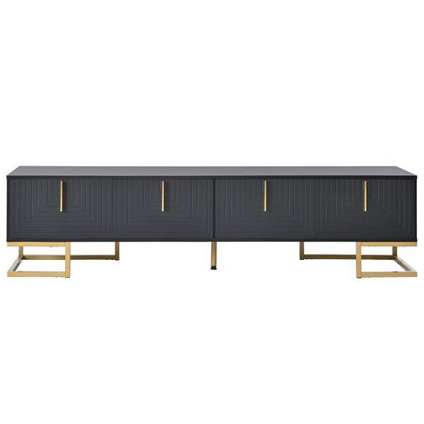 Modern TV Stand with Metal Legs and Gold Handles for TVs Up to 80'', Media Console Table with Cabinets and Adjustable Shelves, Luxury TV Cabinet with Geometric Lines for Living Room, Black