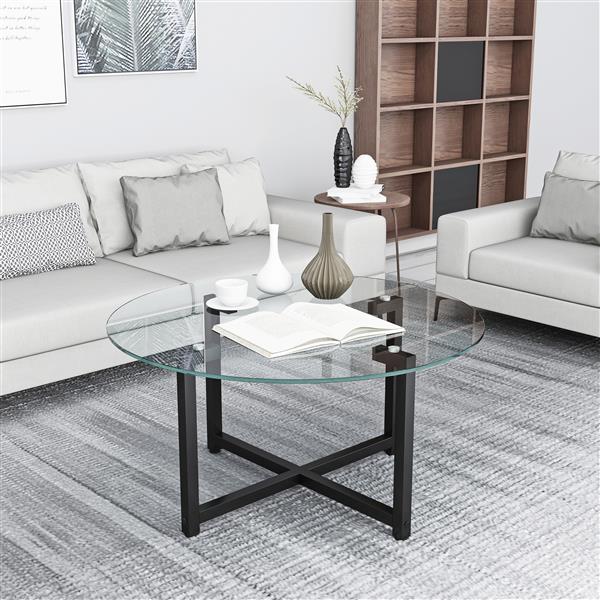 Round Transparent Glass+Black Leg  Coffee Table, Clear Coffee Table，Modern Side Center Tables for Living Room， Living Room Furniture