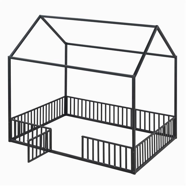 Full Size Metal House Bed with Fence and Door, Black