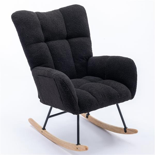 Rocking Chair with Pocket, Soft Teddy Fabric Rocking Chair for Nursery, Comfy Wingback Glider Rocker with Safe Solid Wood Base for Living Room Bedroom Balcony (black)