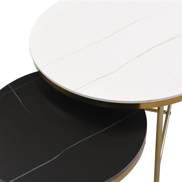 Modern Round Nesting Coffee Table Set 2-Piece Black & White Sintered Stone Top Gold Base in 23.6''&17.7''