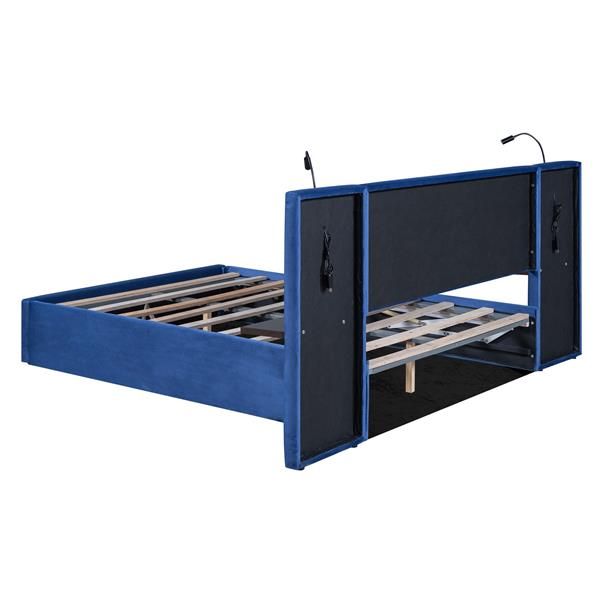 Full Size Storage Upholstered Hydraulic Platform Bed with 2 Shelves, 2 Lights and USB, Blue