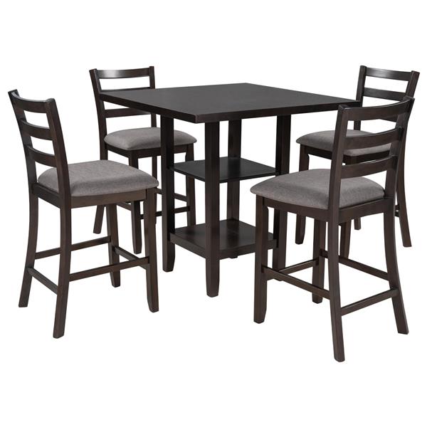 5-Piece Wooden Counter Height Dining Set with Padded Chairs and Storage Shelving (Espresso)