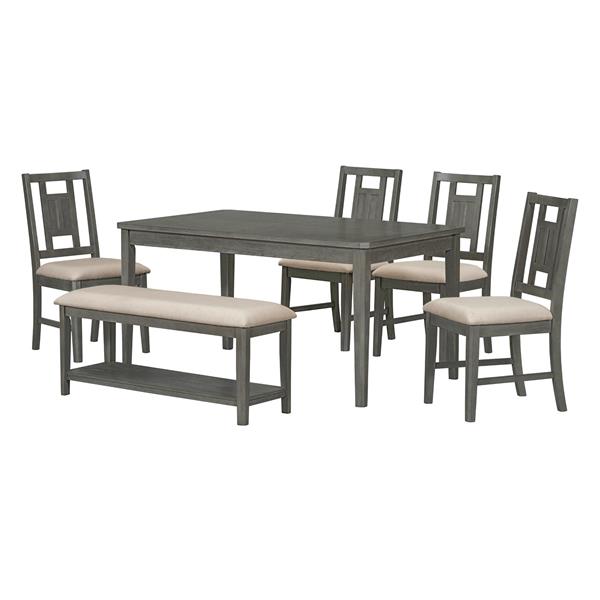 6-piece Retro Dining Set, Minimalist Dining Table and 4 upholstered chairs & 1 bench with a shelf for Dining Room(Dark Gray)