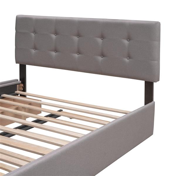 Upholstered Platform Bed with 2 Drawers and 1 Twin XL Trundle,  Linen Fabric, Queen Size - Light Gray