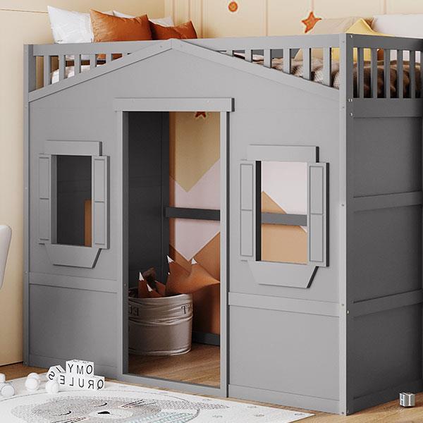 Twin Size House Loft Bed With Ladder-Gray