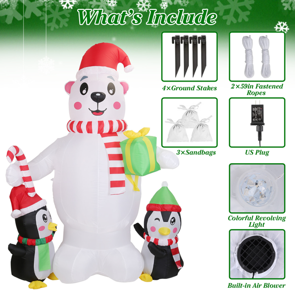 5.9FT Christmas Inflatable Outdoor Decoration Polar Bear Gift Box Penguin Blow Up Yard Decoration with LED Light Built-in Air Blower for Winter Holiday Xmas Garden