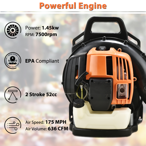 2-Stroke Commercial Backpack Leaf Blower Gas Powered Grass Lawn Blowing Machine, Orange